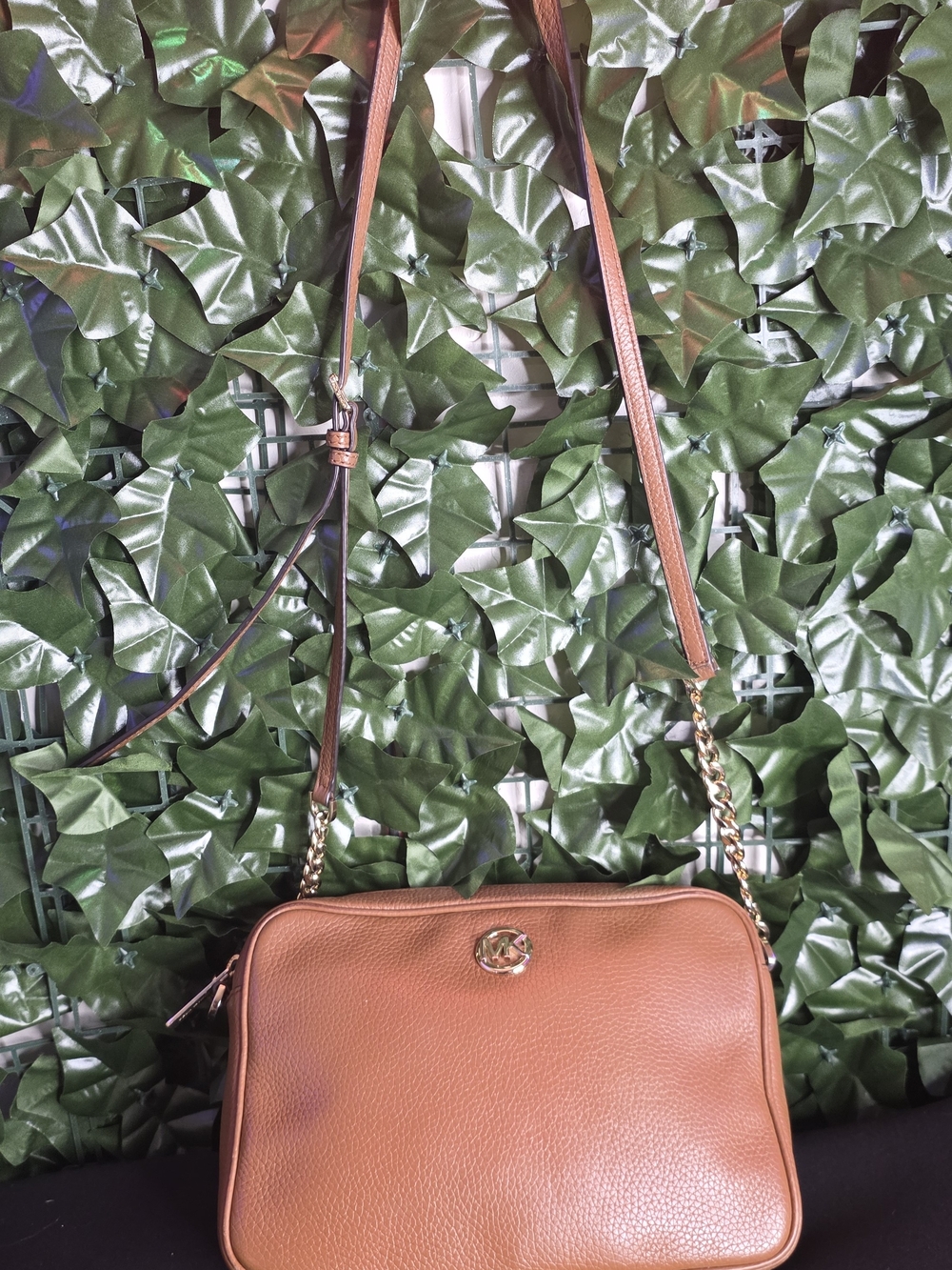 Michael Kors Tan Pebbled Leather Crossbody with Gold Chain